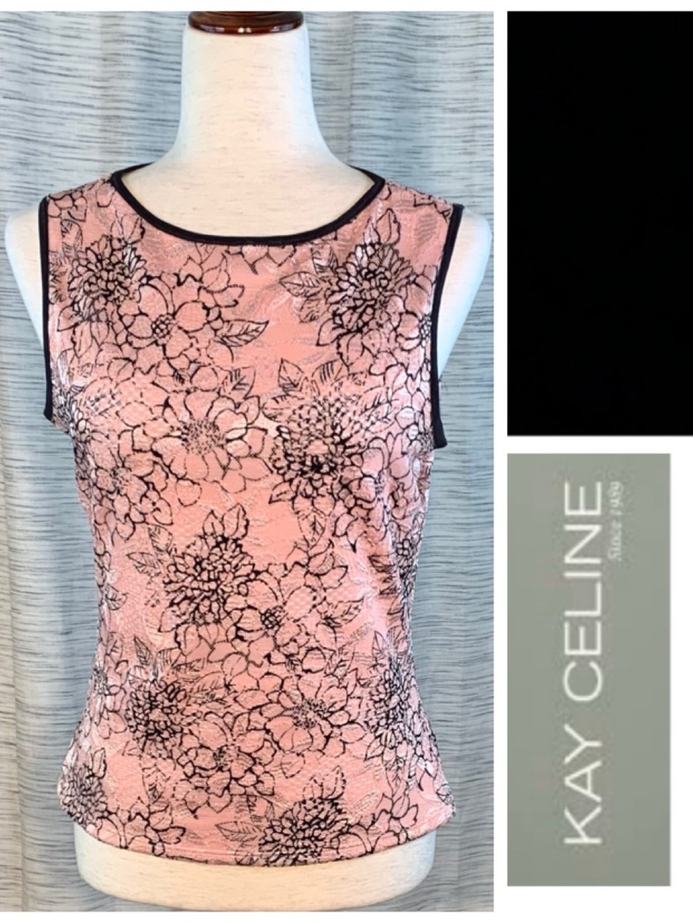 Kay Celine pink and black floral sleeveless top.